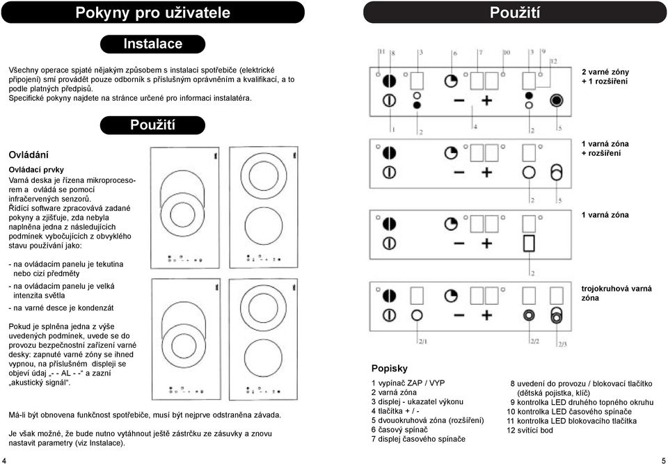 2 varné zóny + 1 rozšíření Použití Ovládání Ovládací prvky Varná deska je řízena mikroprocesorem a ovládá se pomocí infračervených senzorů.