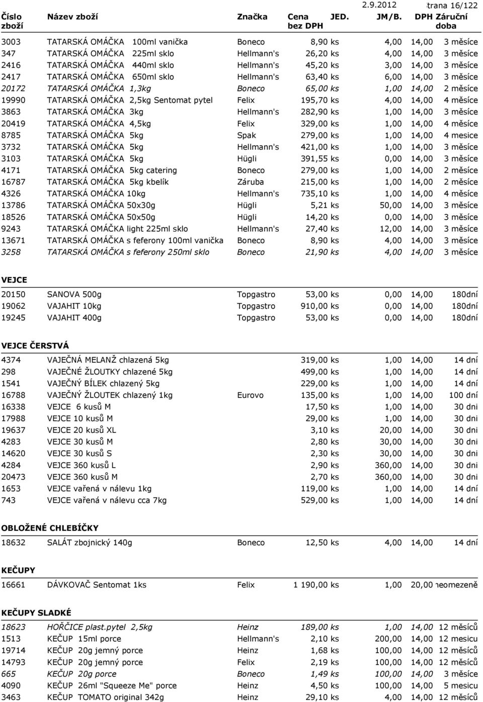 282,90 ks 20419 TATARSKÁ OMÁČKA 4,5kg Felix 329,00 ks 8785 TATARSKÁ OMÁČKA 5kg Spak 279,00 ks 3732 TATARSKÁ OMÁČKA 5kg Hellmann's 42 ks 3103 TATARSKÁ OMÁČKA 5kg Hügli 391,55 ks 4171 TATARSKÁ OMÁČKA