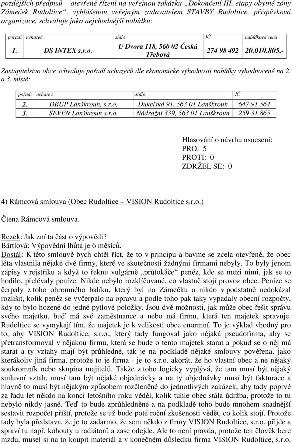 DS INTEX s.r.o. U Dvora 118, 560 02 Česká Třebová 274 98 492 20.010.805,- Zastupitelstvo obce schvaluje pořadí uchazečů dle ekonomické výhodnosti nabídky vyhodnocené na 2. a 3.