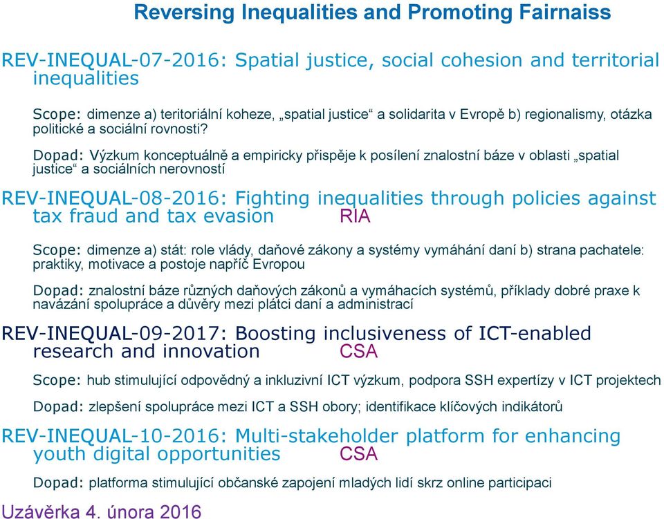 Dopad: Výzkum konceptuálně a empiricky přispěje k posílení znalostní báze v oblasti spatial justice a sociálních nerovností REV-INEQUAL-08-2016: Fighting inequalities through policies against tax