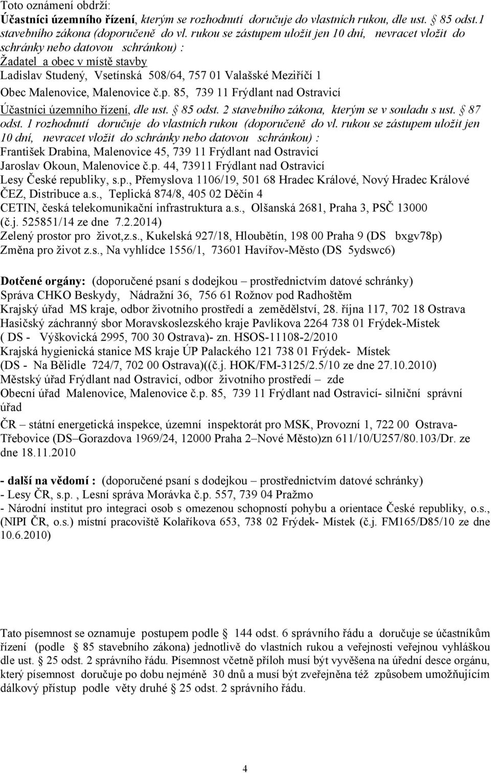 Malenovice, Malenovice č.p. 85, 739 11 Frýdlant nad Ostravicí Účastníci územního řízení, dle ust. 85 odst. 2 stavebního zákona, kterým se v souladu s ust. 87 odst.