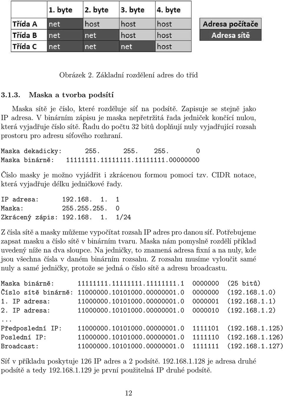 Maska dekadicky: 255. 255. 255. 0 Maska binárně: 11111111.11111111.11111111.00000000 Číslo masky je možno vyjádřit i zkrácenou formou pomocí tzv. CIDR notace, která vyjadřuje délku jedničkové řady.