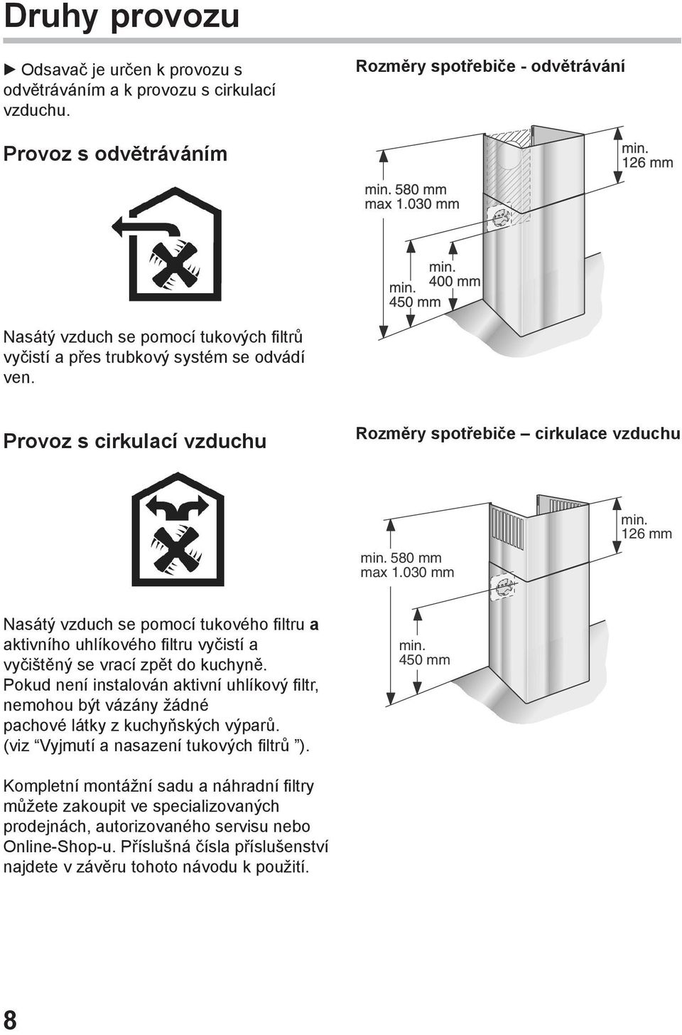 Provoz s cirkulací vzduchu Rozměry spotřebiče cirkulace vzduchu Nasátý vzduch se pomocí tukového filtru a aktivního uhlíkového filtru vyčistí a vyčištěný se vrací zpět do kuchyně.