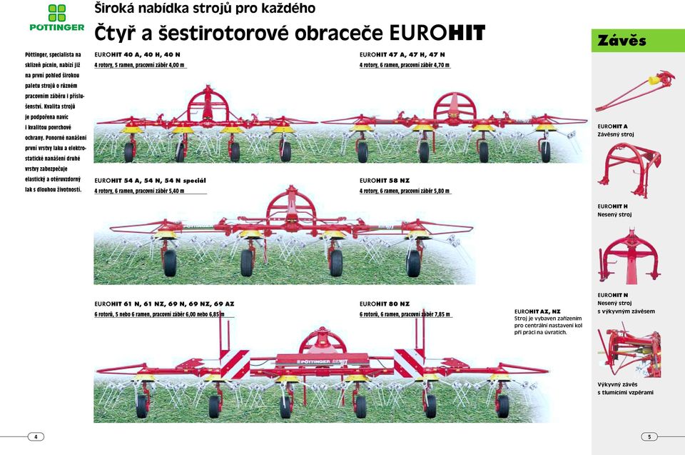 Široká nabídka strojů pro každého Čtyř a šestirotorové obraceče EUROHIT EUROHIT 40 A, 40 H, 40 N EUROHIT 47 A, 47 H, 47 N 4 rotory, 5 ramen, pracovní záběr 4,00 m 4 rotory, 6 ramen, pracovní záběr