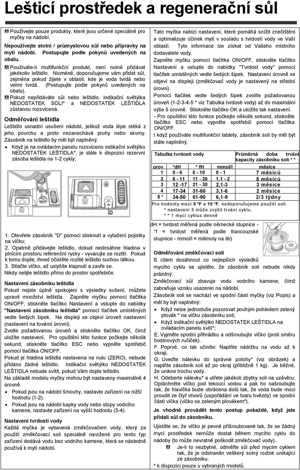 Nicméně, doporučujeme vám přidat sůl, zejména pokud ţijete v oblasti, kde je voda tvrdá nebo velmi tvrdá. (Postupujte podle pokynů uvedených na obalu).