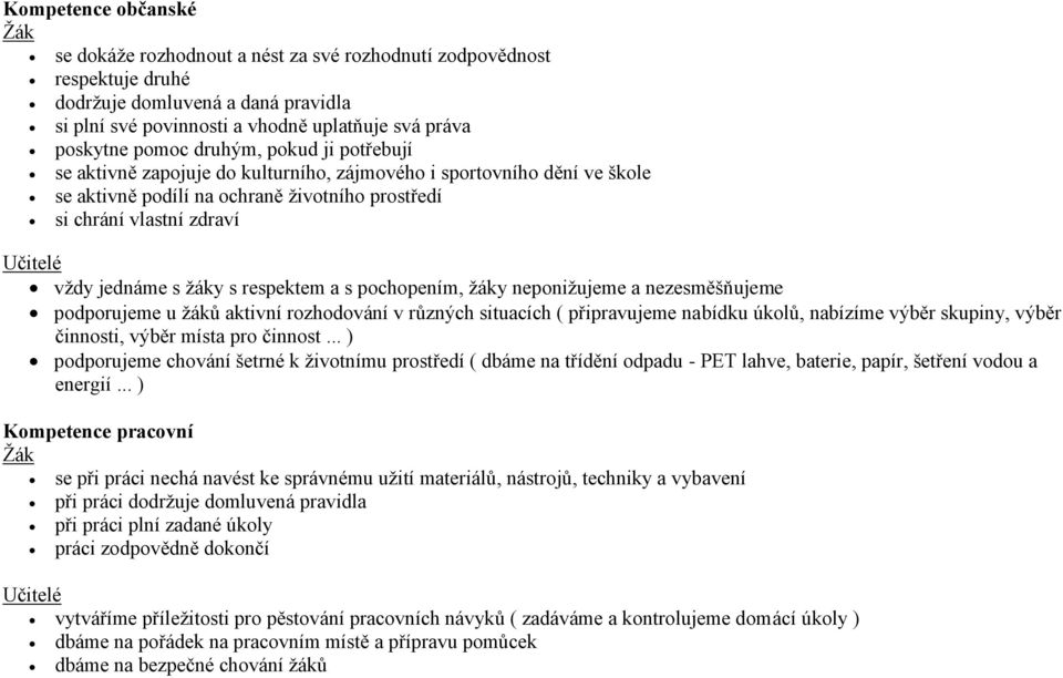 respektem a s pochopením, žáky neponižujeme a nezesměšňujeme podporujeme u žáků aktivní rozhodování v různých situacích ( připravujeme nabídku úkolů, nabízíme výběr skupiny, výběr činnosti, výběr