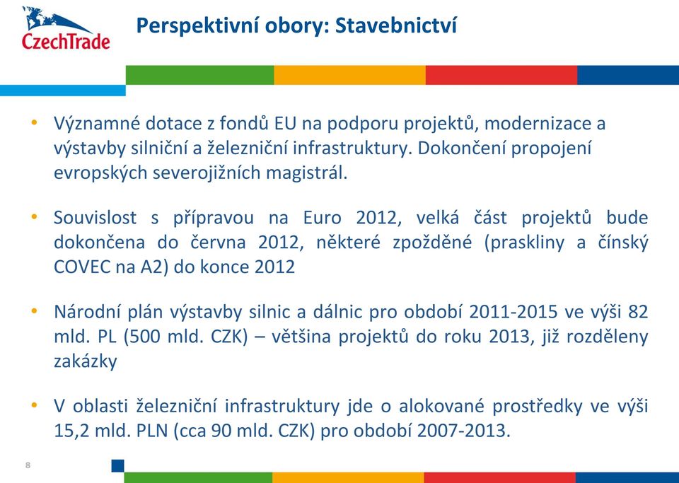 Souvislost s přípravou na Euro 2012, velká část projektů bude dokončena do června 2012, některé zpožděné (praskliny a čínský COVEC na A2) do konce 2012