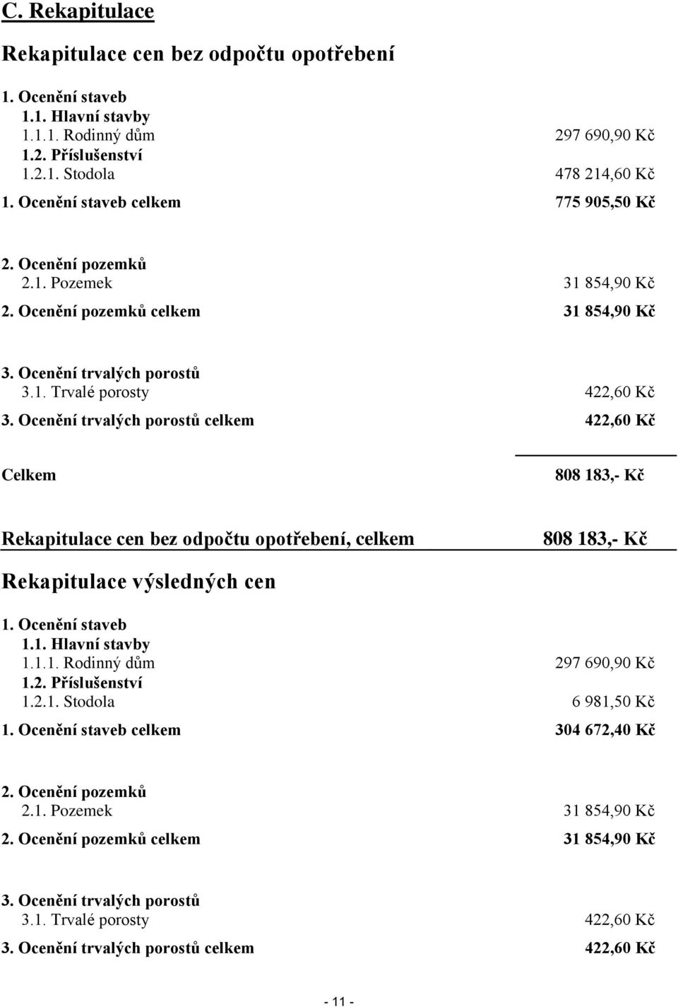 Ocenění trvalých porostů celkem 422,60 Kč Celkem 808 183,- Kč Rekapitulace cen bez odpočtu opotřebení, celkem 808 183,- Kč Rekapitulace výsledných cen 1. Ocenění staveb 1.1. Hlavní stavby 1.1.1. Rodinný dům 297 690,90 Kč 1.