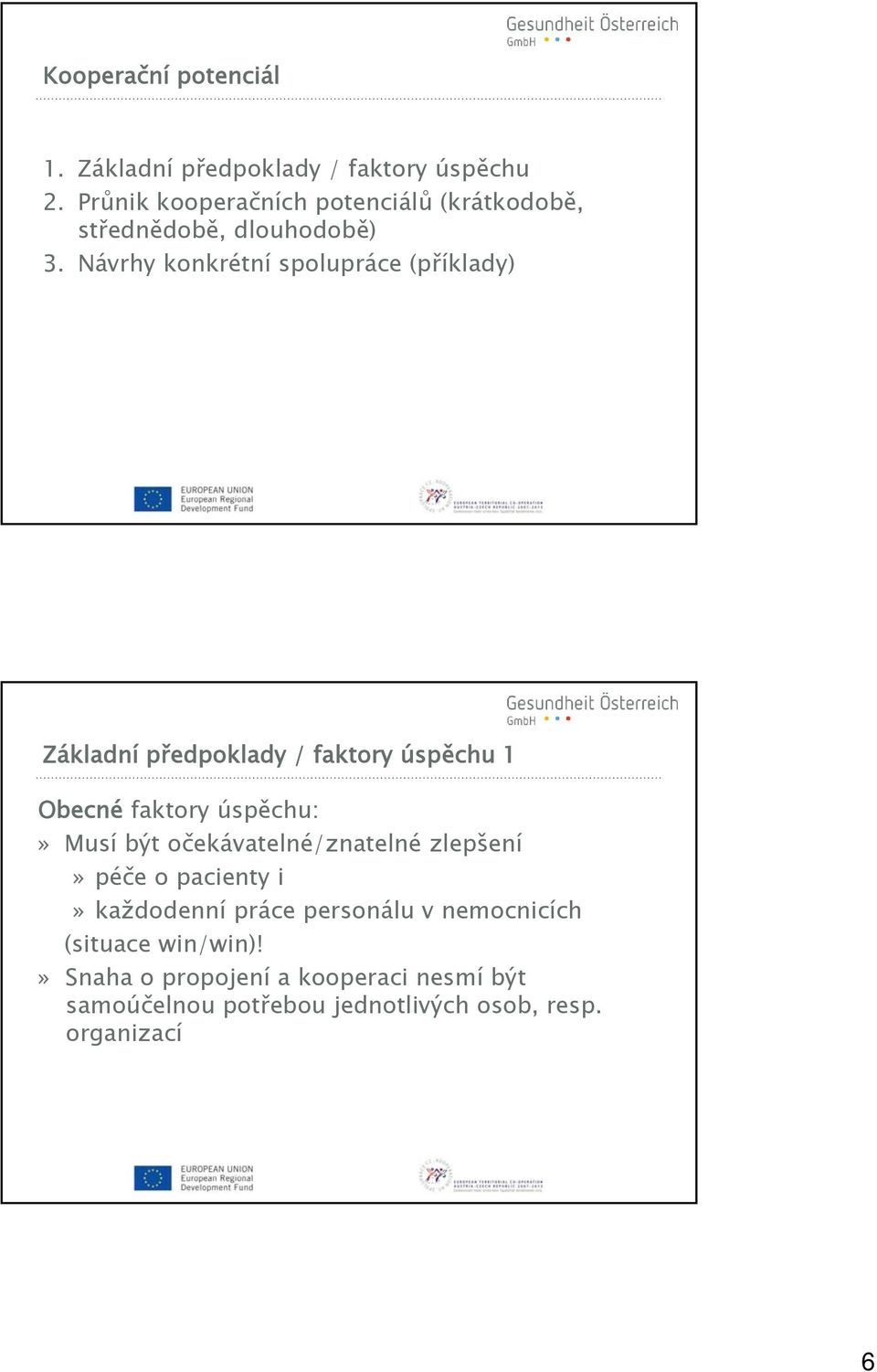 Návrhy konkrétní spolupráce (příklady) Základní předpoklady / faktory úspěchu 1 Obecné faktory úspěchu:» Musí být