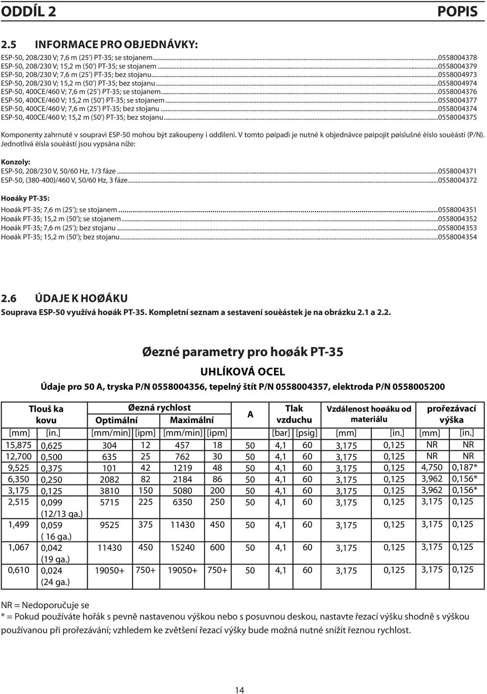 ..0558004376 ESP-, 400CE/4 V; 15,2 m ( ) PT-35; se stojanem...0558004377 ESP-, 400CE/4 V; 7,6 m (25 ) PT-35; bez stojanu...0558004374 ESP-, 400CE/4 V; 15,2 m ( ) PT-35; bez stojanu.