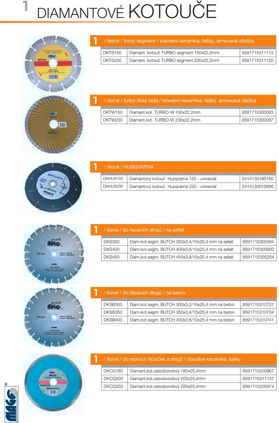 230x22,2mm 85975300087 / řezné / HUSQVARNA DIAHUS25 Diamantový kotouč Husqvarna 25 - univerzál 544339585 DIAHUS230 Diamantový kotouč Husqvarna 230 - univerzál 5443302666 / řezné / do řezacích strojů