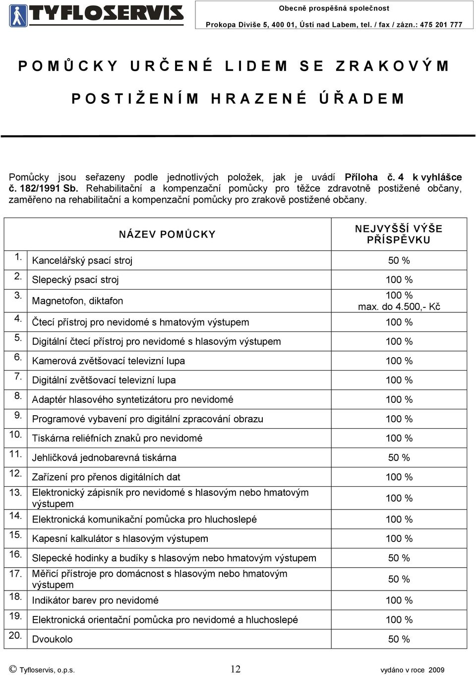 NÁZEV POMŮCKY NEJVYŠŠÍ VÝŠE PŘÍSPĚVKU 1. Kancelářský psací stroj 50 % 2. Slepecký psací stroj 100 % 3. Magnetofon, diktafon 100 % max. do 4.500,- Kč 4.