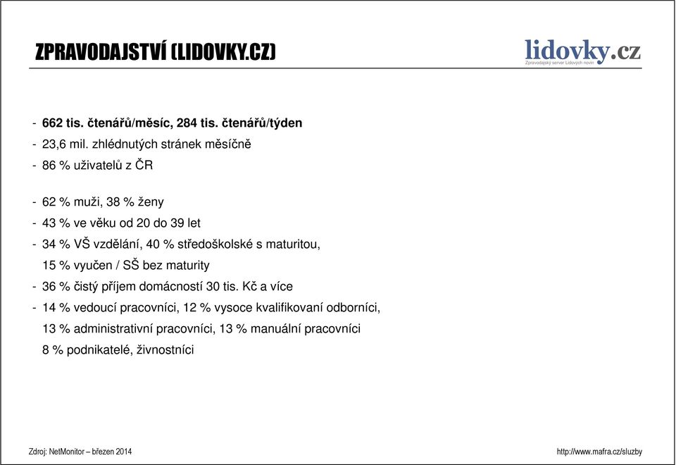 vzdělání, 40 % středoškolské s maturitou, 15 % vyučen / SŠ bez maturity - 36 % čistý příjem domácností 30 tis.