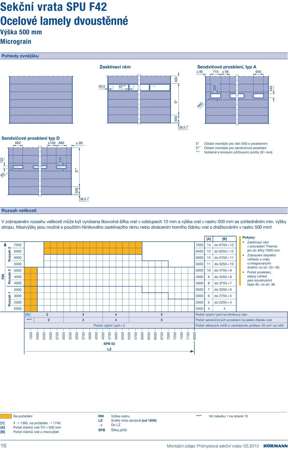 odstupech mm a výška vrat v rastru 500 mm se zohledněním min. výšky stropu.