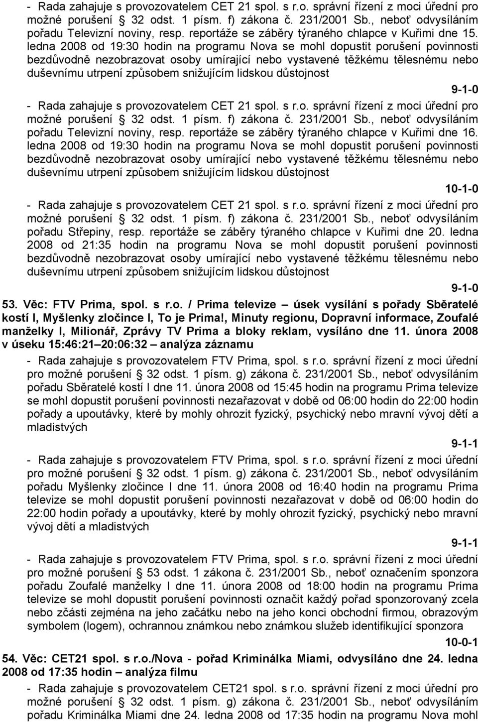 ledna 2008 od 19:30 hodin na programu Nova se mohl dopustit porušení povinnosti - Rada zahajuje s provozovatelem CET 21 spol. s r.o. správní řízení z moci úřední pro možné porušení 32 odst. 1 písm.