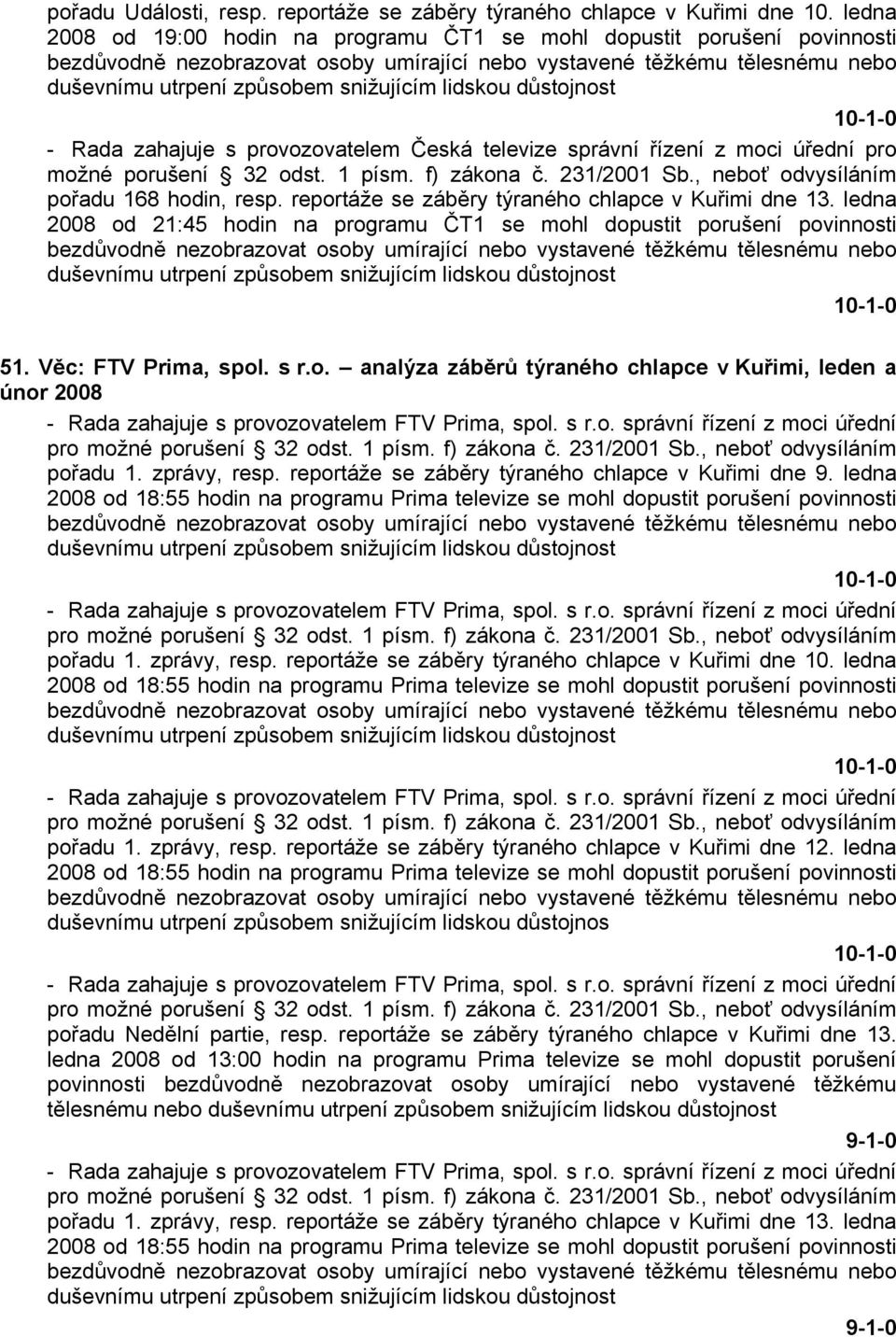 Věc: FTV Prima, spol. s r.o. analýza záběrů týraného chlapce v Kuřimi, leden a únor 2008 pro možné porušení 32 odst. 1 písm. f) zákona č. 231/2001 Sb., neboť odvysíláním pořadu 1. zprávy, resp.