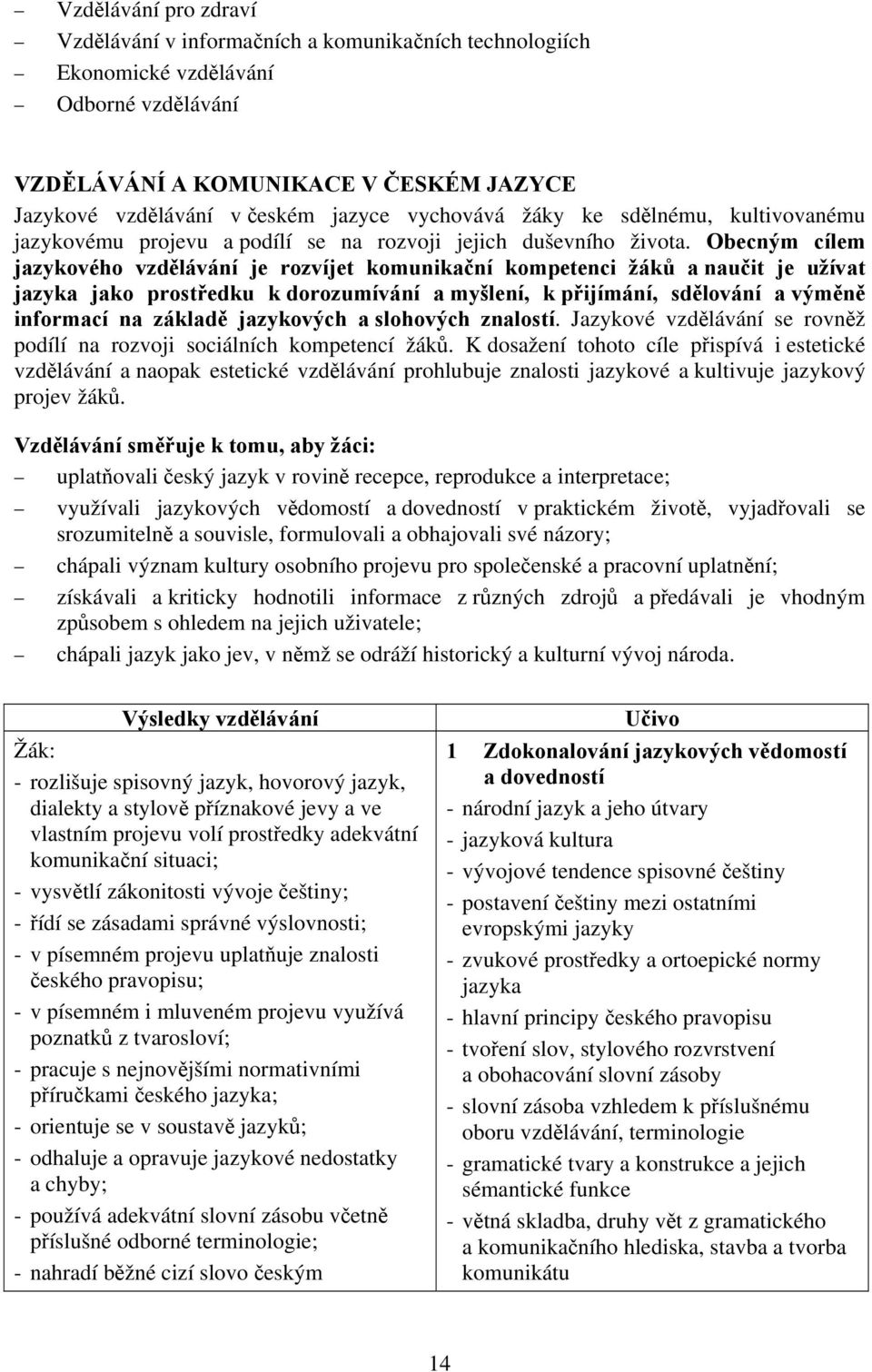 Obecným cílem jazykového vzdělávání je rozvíjet komunikační kompetenci žáků a naučit je užívat jazyka jako prostředku k dorozumívání a myšlení, k přijímání, sdělování a výměně informací na základě