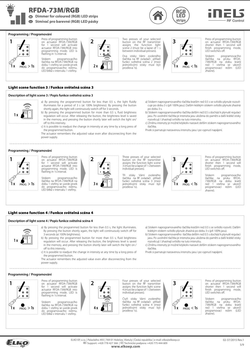 scéna (mezi jednotlivými stisky musí být prodleva s). PROG < s shorter then second will finish programming mode, switches off.