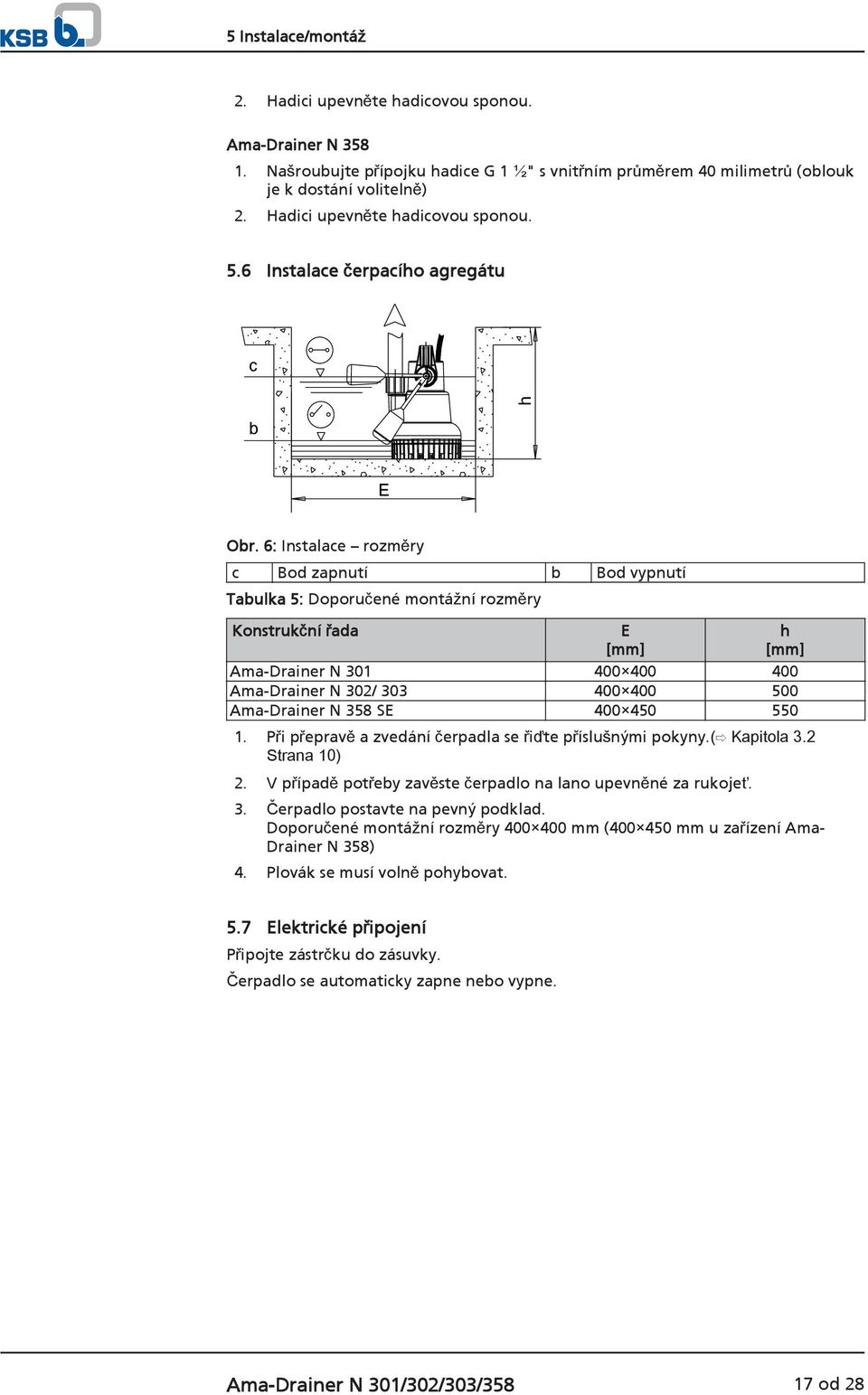 6: Instalace rozměry c Bod zapnutí b Bod vypnutí Tabulka 5: Doporučené montážní rozměry Konstrukční řada E [mm] h [mm] Ama-Drainer N 301 400 400 400 Ama-Drainer N 302/ 303 400 400 500 Ama-Drainer N