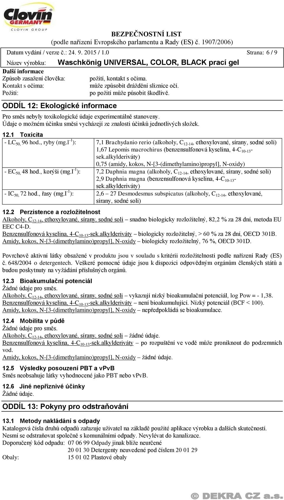 Údaje o možném účinku směsi vycházejí ze znalosti účinků jednotlivých složek. 12.1 Toxicita - LC 50, 96 hod., ryby (mg.