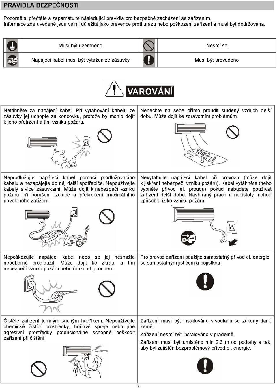Musí být uzemněno Napájecí kabel musí být vytažen ze zásuvky Nesmí se Musí být provedeno VAROVÁNÍ Netáhněte za napájecí kabel.