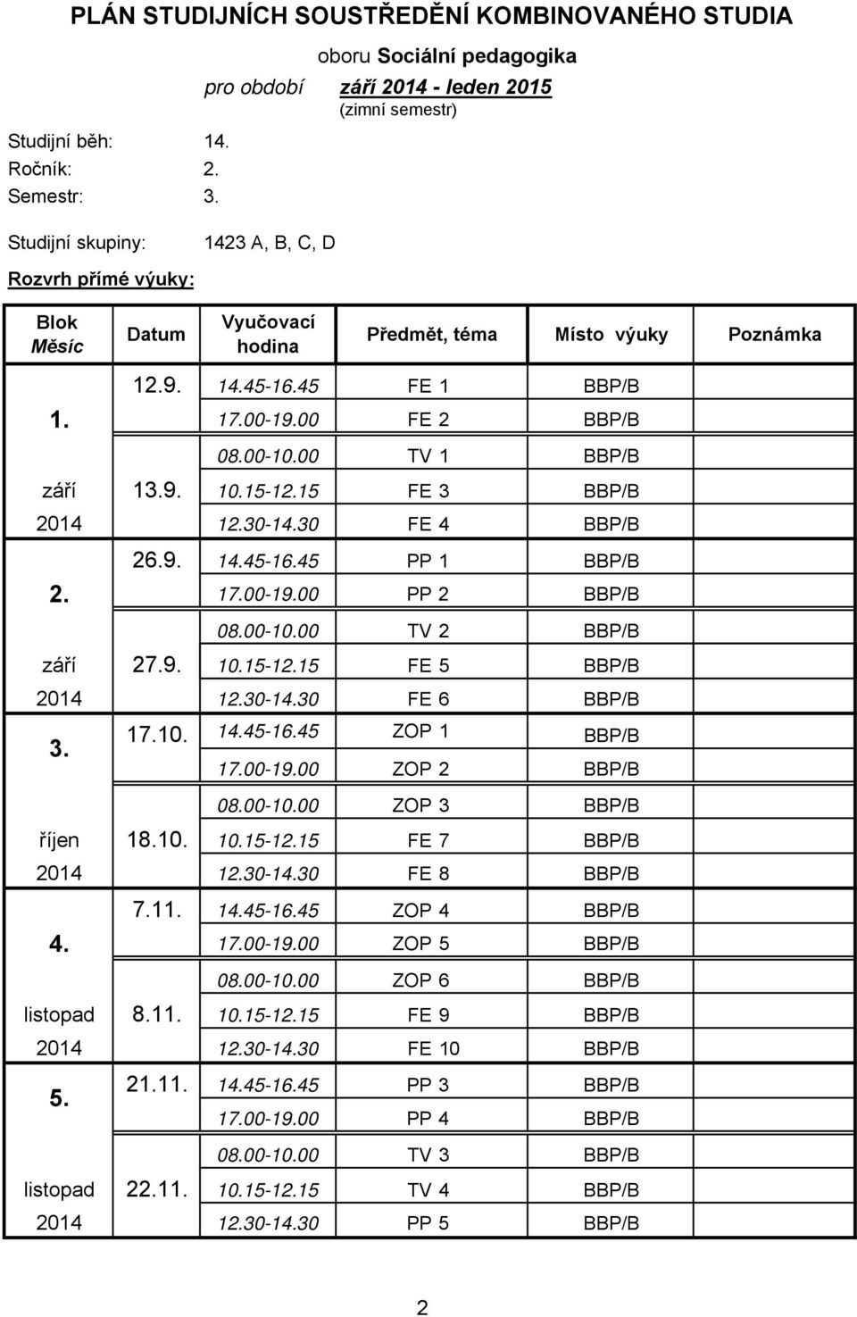 12.9. 14.45-16.45 FE 1 BBP/B 17.00-19.00 FE 2 BBP/B 08.00-10.00 TV 1 BBP/B září 1.9. 10.15-12.15 FE BBP/B 2014 12.0-14.0 FE 4 BBP/B 2. 26.9. 14.45-16.45 PP 1 BBP/B 17.00-19.00 PP 2 BBP/B 08.00-10.00 TV 2 BBP/B září 27.