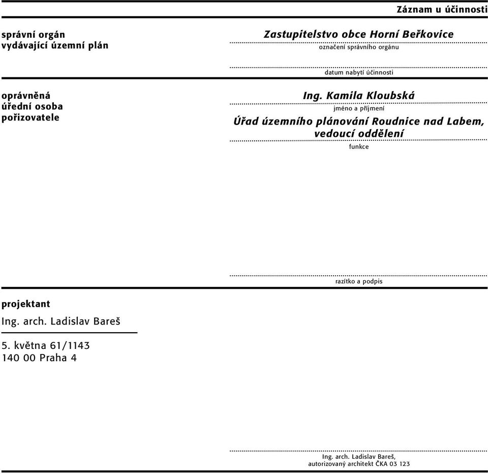 Kamila Kloubská jméno a příjmení Úřad územního plánování Roudnice nad Labem, vedoucí oddělení funkce