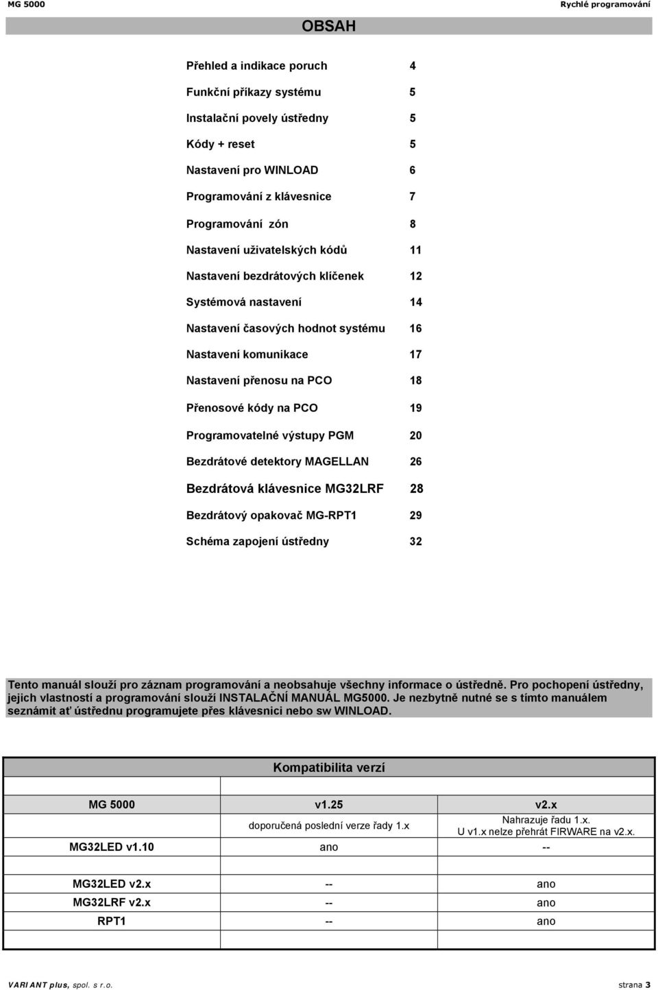 Programovatelné výstupy PGM 20 Bezdrátové detektory MAGELLAN 26 Bezdrátová klávesnice MG32LRF 28 Bezdrátový opakovač MG-RPT1 29 Schéma zapojení ústředny 32 Tento manuál slouží pro záznam programování