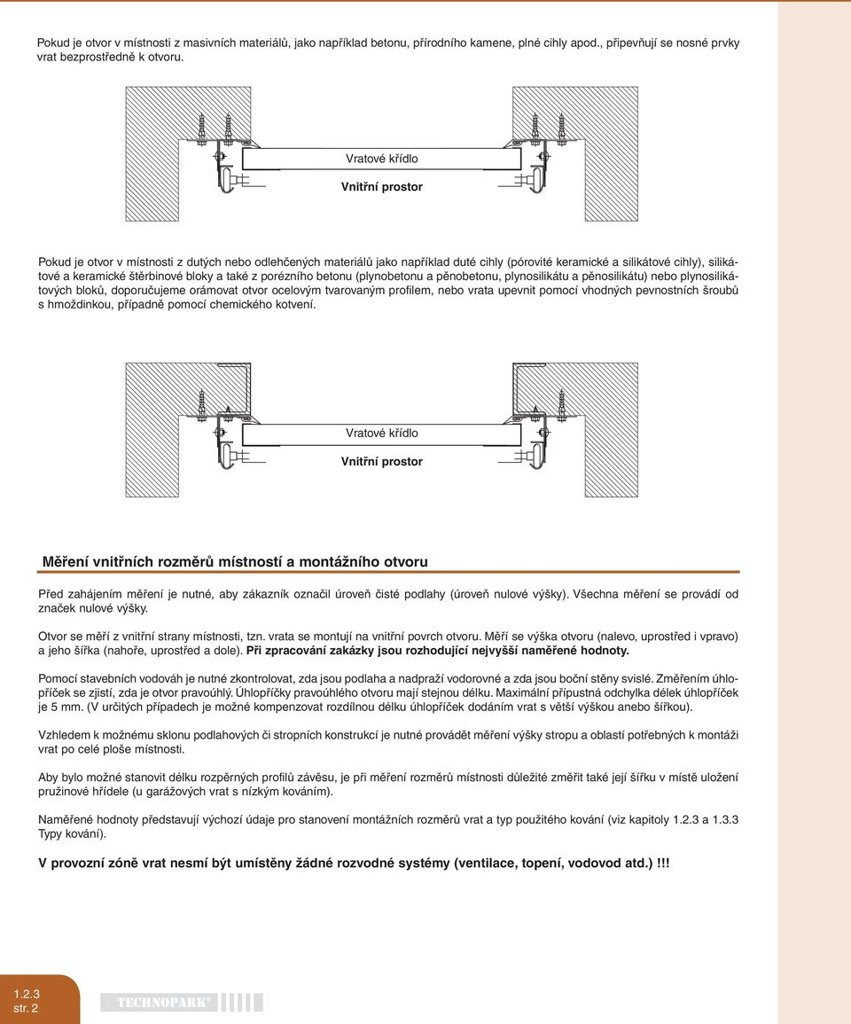 porézního betonu (plynobetonu a pěnobetonu, plynosilikátu a pěnosilikátu) nebo plynosilikátových bloků, doporučujeme orámovat otvor ocelovým tvarovaným profilem, nebo vrata upevnit pomocí vhodných