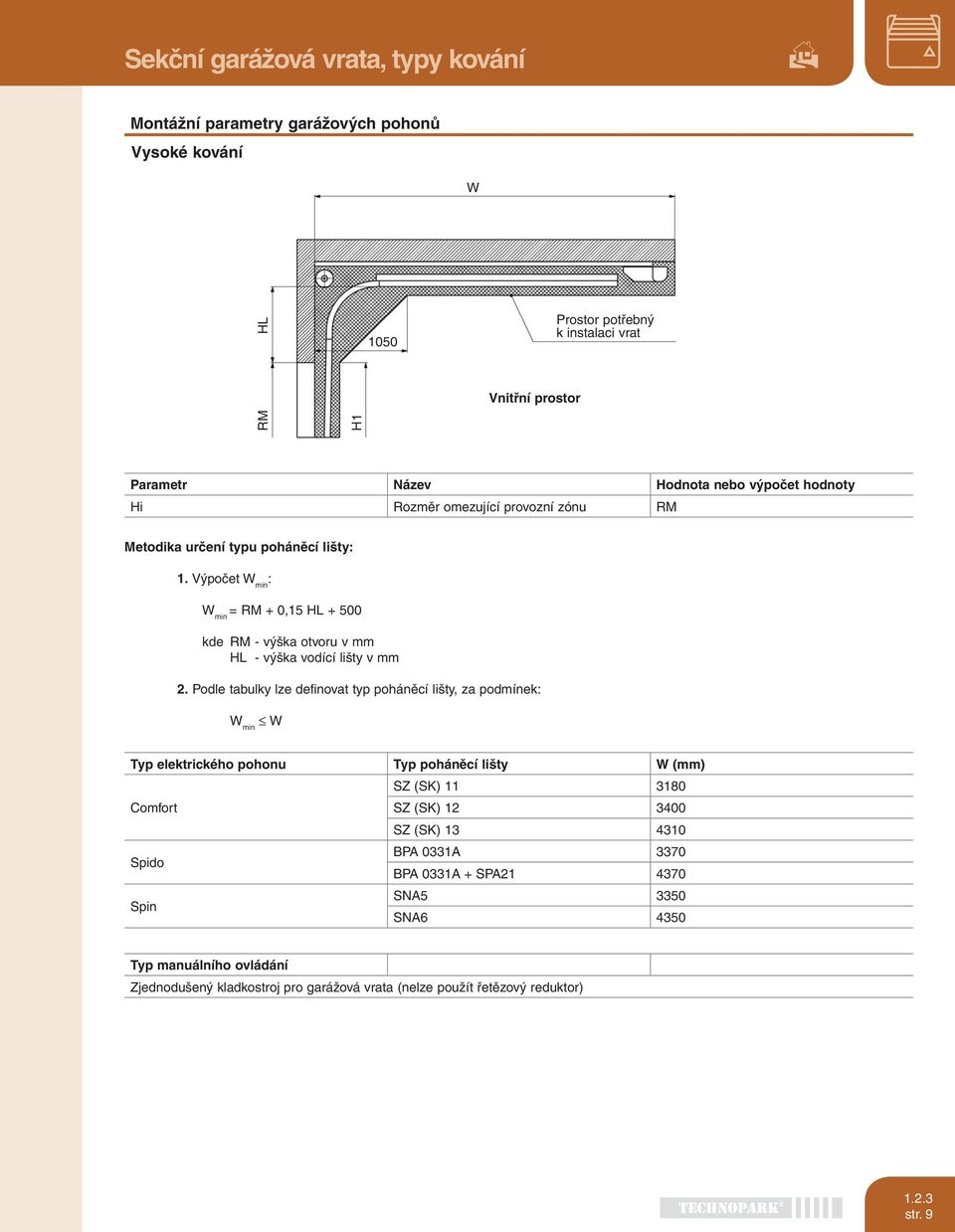 Podle tabulky lze definovat typ poháněcí lišty, za podmínek: W min W Typ elektrického pohonu Typ poháněcí lišty W (mm) SZ (SK) 11 3180 Comfort SZ (SK) 12 3400 SZ (SK) 13