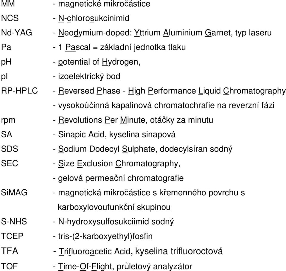 Minute, otáčky za minutu - Sinapic Acid, kyselina sinapová - Sodium Dodecyl Sulphate, dodecylsíran sodný - Size Exclusion Chromatography, - gelová permeační chromatografie - magnetická mikročástice