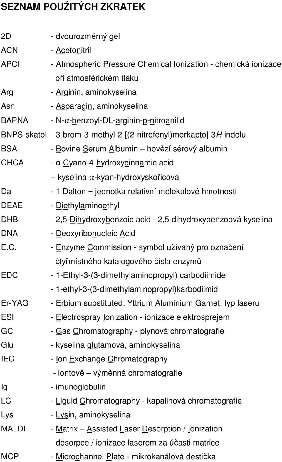 α-cyano-4-hydroxycinnamic acid kyselina α-kyan-hydroxyskořicová Da - 1 Dalton = jednotka relativní molekulové hmotnosti DEAE - Diethylaminoethyl DHB - 2,5-Dihydroxybenzoic acid -