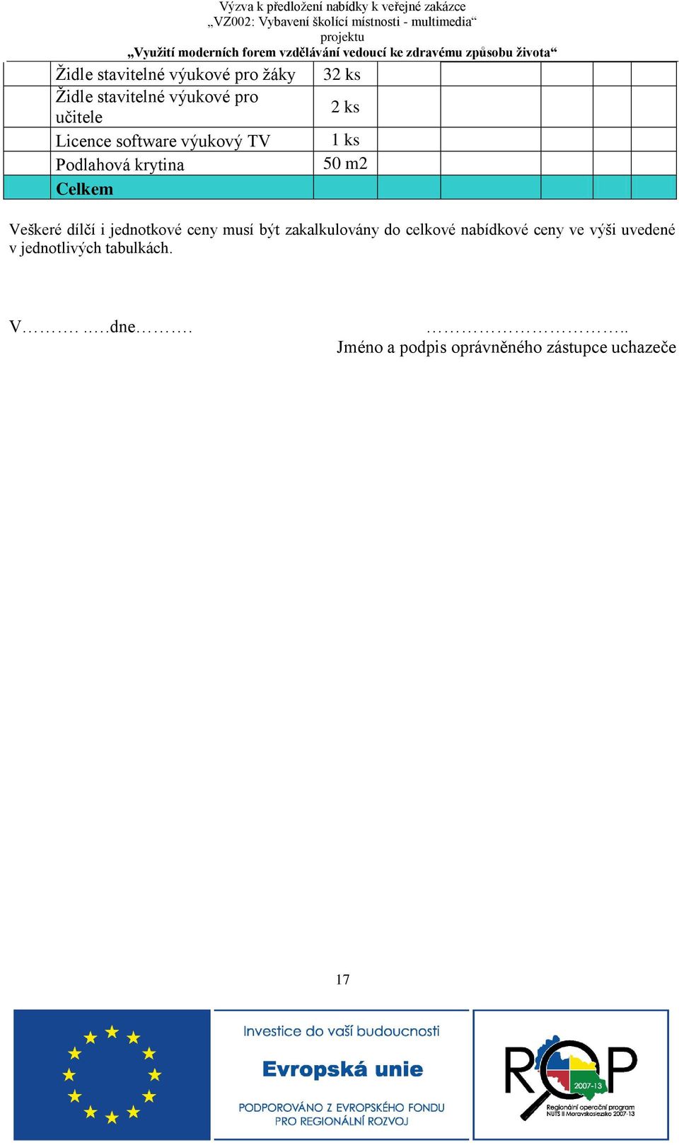 i jednotkové ceny musí být zakalkulovány do celkové nabídkové ceny ve výši