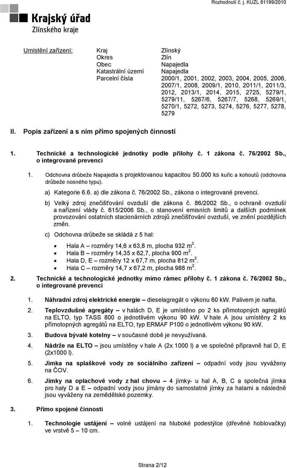 Technické a technologické jednotky podle přílohy č. 1 zákona č. 76/2002 Sb., o integrované prevenci 1. Odchovna drůbeže Napajedla s projektovanou kapacitou 50.