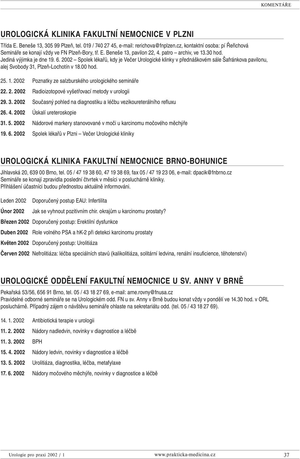 2002 Spolek lékařů, kdy je Večer Urologické klinky v přednáškovém sále Šafránkova pavilonu, alej Svobody 31, Plzeň-Lochotín v 18.00 hod. 25. 1. 2002 Poznatky ze salzburského urologického semináře 22.