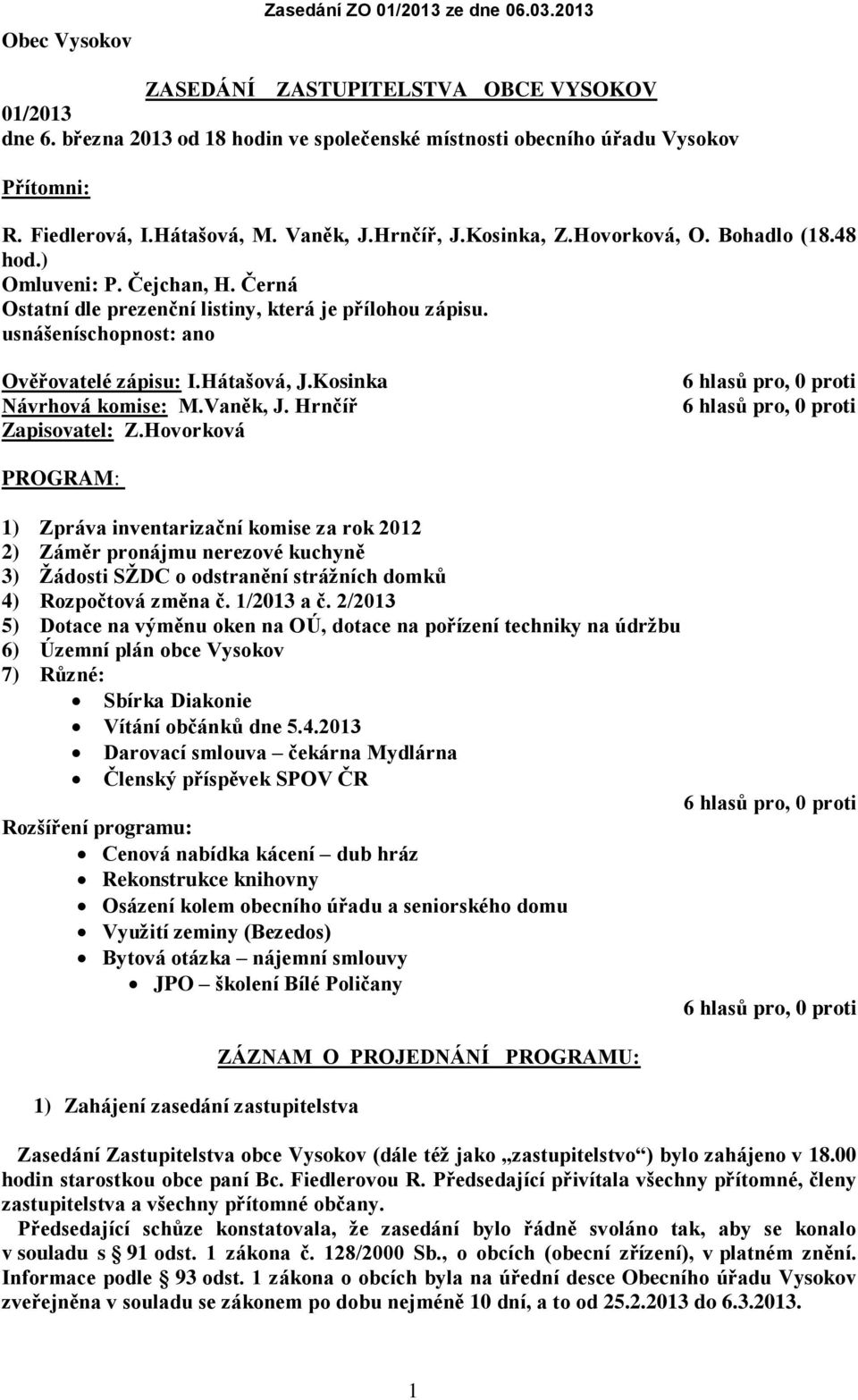 usnášeníschopnost: ano Ověřovatelé zápisu: I.Hátašová, J.Kosinka Návrhová komise: M.Vaněk, J. Hrnčíř Zapisovatel: Z.