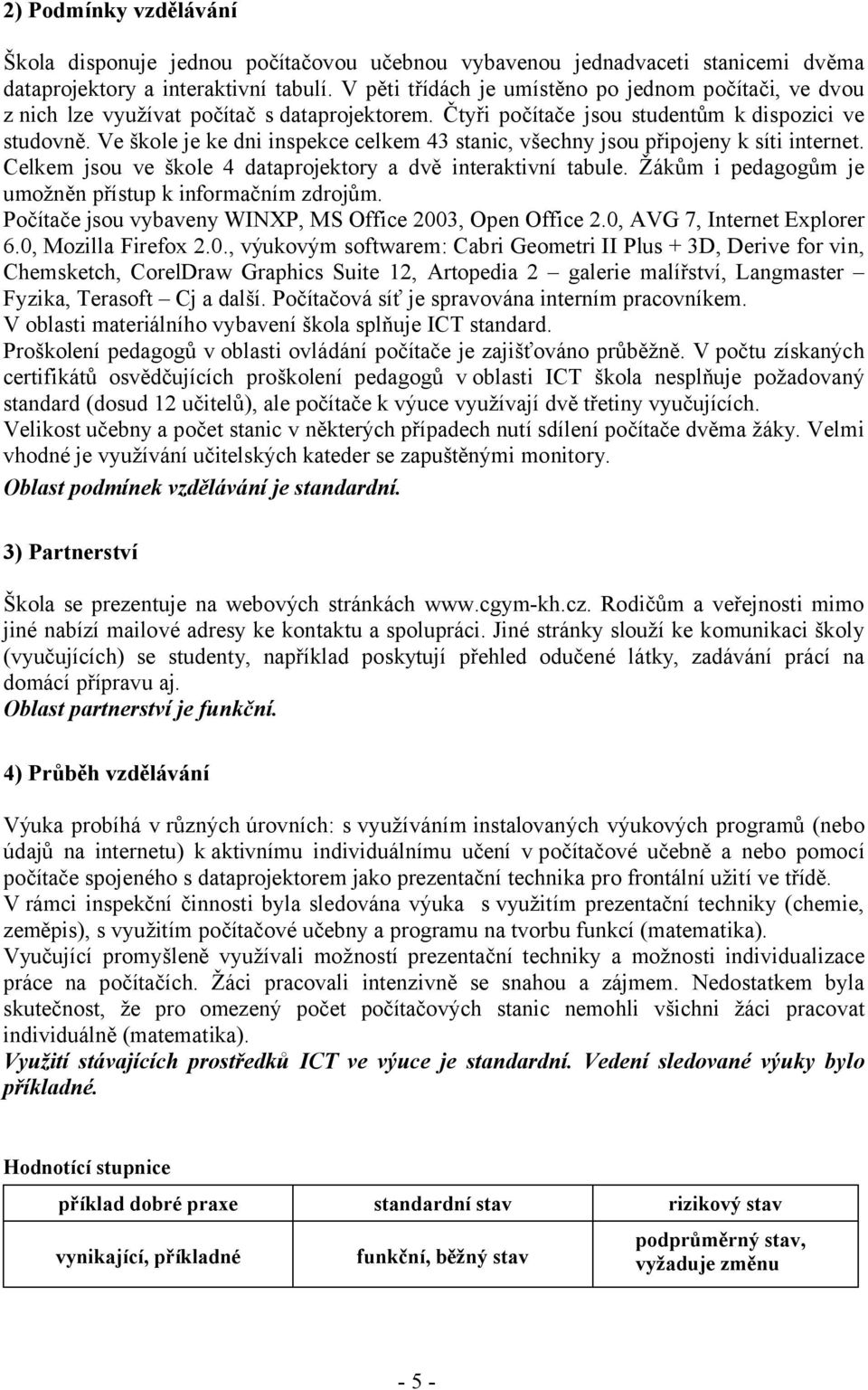 Ve škole je ke dni inspekce celkem 43 stanic, všechny jsou připojeny k síti internet. Celkem jsou ve škole 4 dataprojektory a dvě interaktivní tabule.