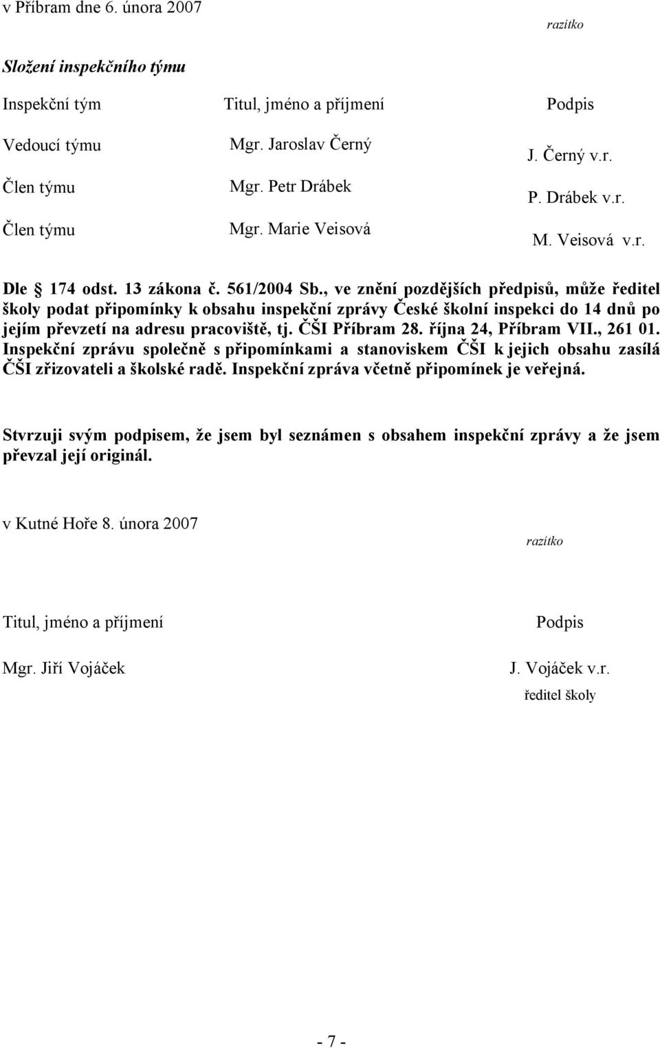 , ve znění pozdějších předpisů, může ředitel školy podat připomínky k obsahu inspekční zprávy České školní inspekci do 14 dnů po jejím převzetí na adresu pracoviště, tj. ČŠI Příbram 28.