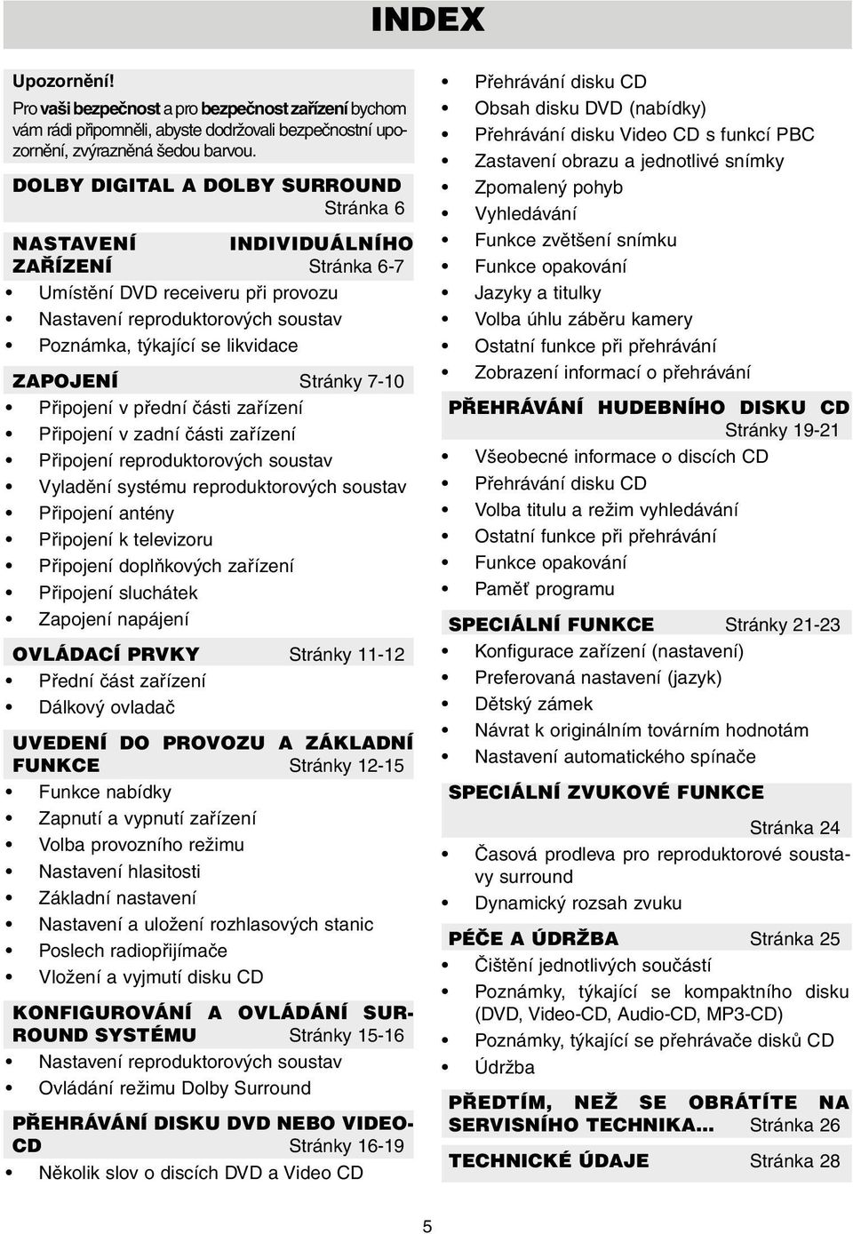 Stránky 7-10 Připojení v přední části zařízení Připojení v zadní části zařízení Připojení reproduktorových soustav Vyladění systému reproduktorových soustav Připojení antény Připojení k televizoru