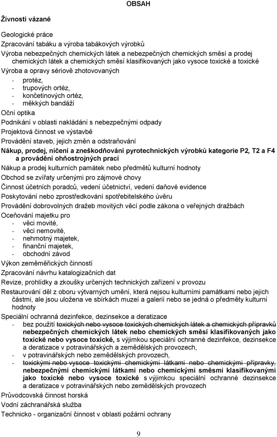 nebezpečnými odpady Projektová činnost ve výstavbě Provádění staveb, jejich změn a odstraňování Nákup, prodej, ničení a zneškodňování pyrotechnických výrobků kategorie P2, T2 a F4 a provádění