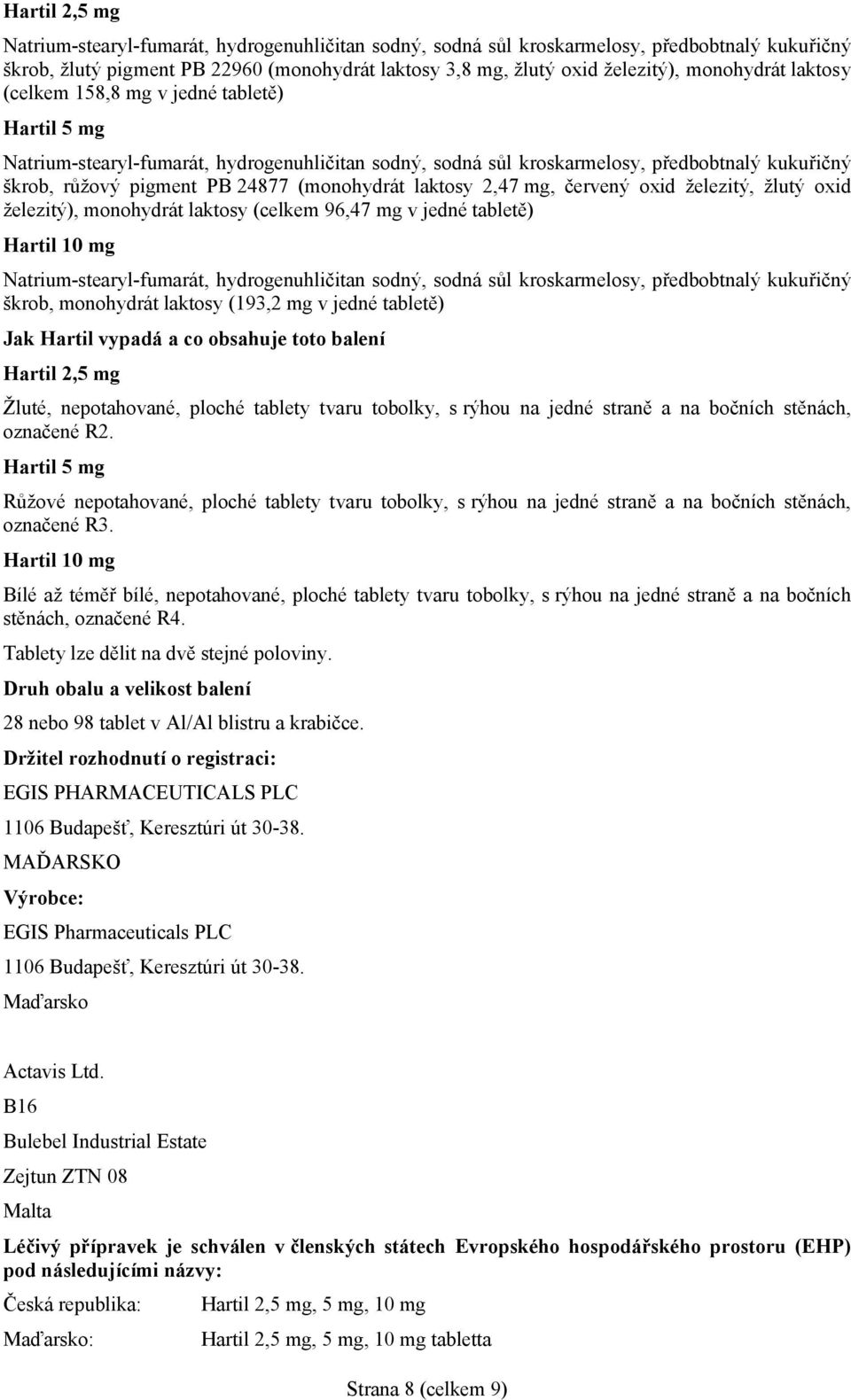 (monohydrát laktosy 2,47 mg, červený oxid železitý, žlutý oxid železitý), monohydrát laktosy (celkem 96,47 mg v jedné tabletě) Hartil 10 mg Natrium-stearyl-fumarát, hydrogenuhličitan sodný, sodná sůl