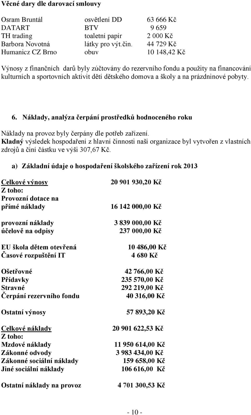 prázdninové pobyty. 6. Náklady, analýza čerpání prostředků hodnoceného roku Náklady na provoz byly čerpány dle potřeb zařízení.