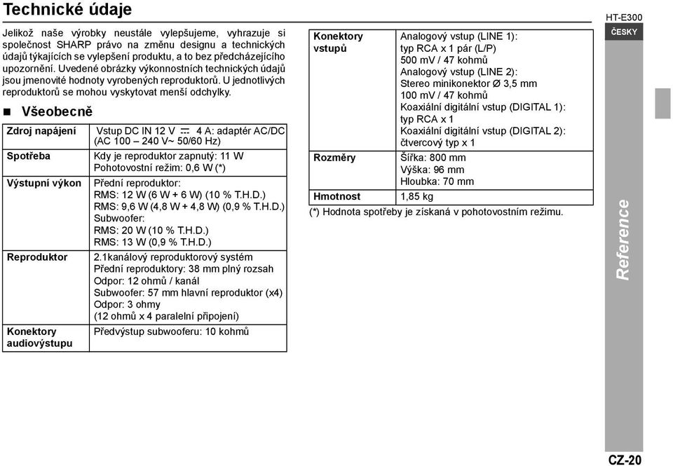 Všeobecně Zdroj napájení Vstup DC IN 12 V 4 A: adaptér AC/DC (AC 100 240 V~ 50/60 Hz) Spotřeba Výstupní výkon Reproduktor Konektory audiovýstupu Kdy je reproduktor zapnutý: 11 W Pohotovostní režim: