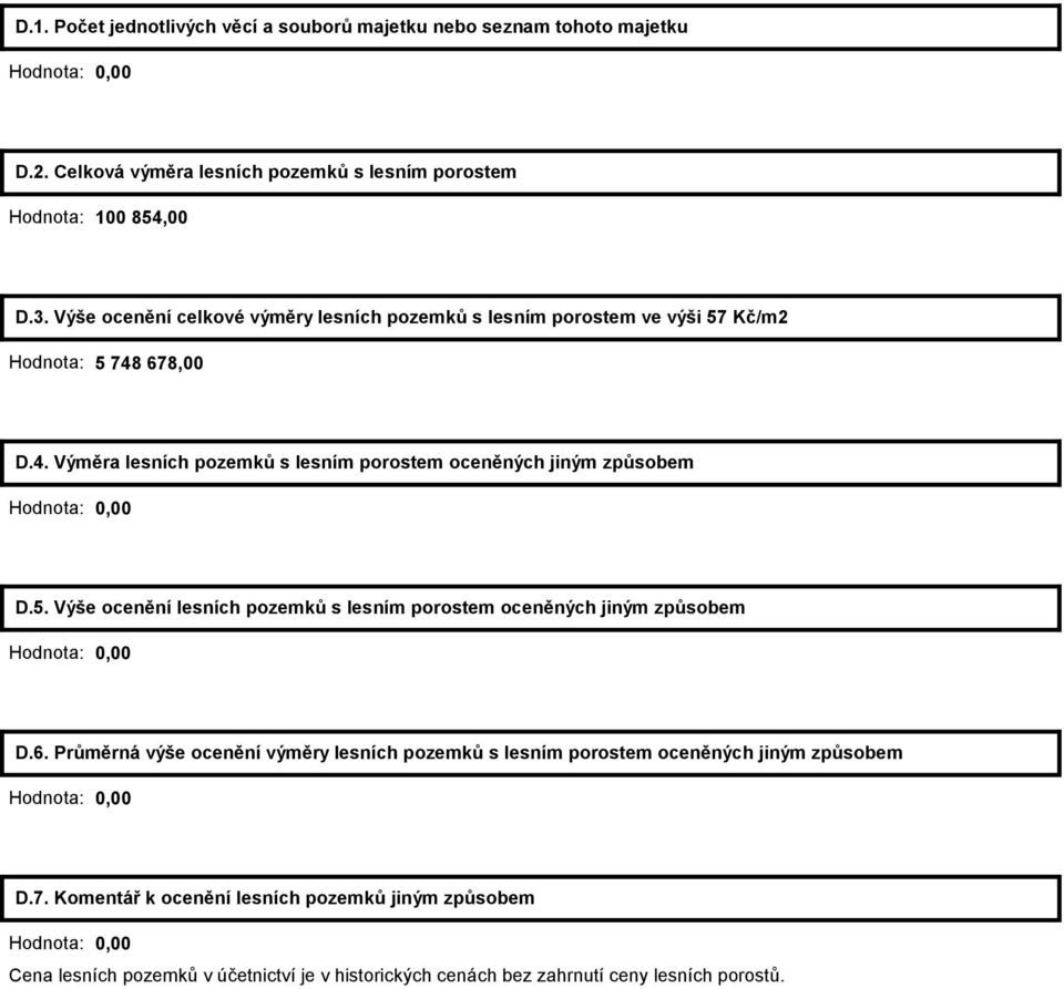 5. Výše ocenění lesních pozemků s lesním porostem oceněných jiným způsobem Hodnota: 0,00 D.6.