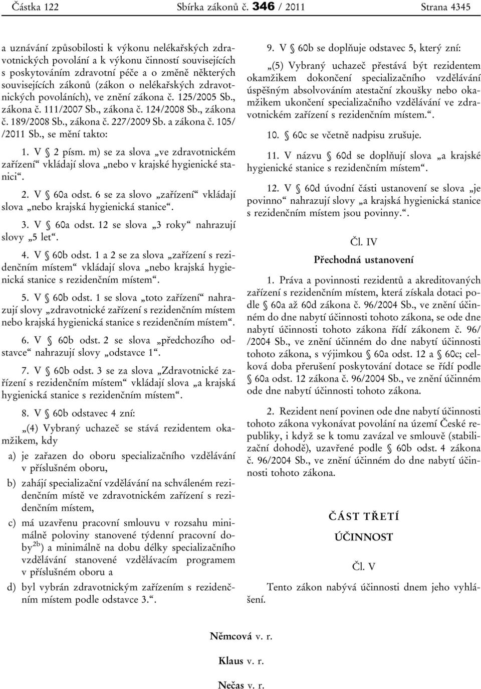 (zákon o nelékařských zdravotnických povoláních), ve znění zákona č. 125/2005 Sb., zákona č. 111/2007 Sb., zákona č. 124/2008 Sb., zákona č. 189/2008 Sb., zákona č. 227/2009 Sb. a zákona č.