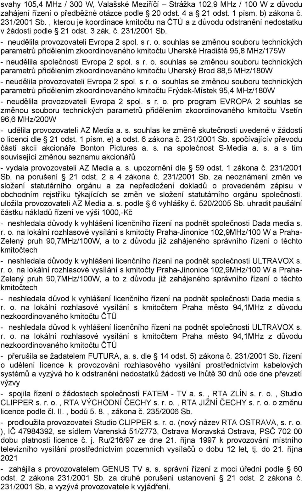 stranění nedostatku v žádosti podle 21 odst. 3 zák. č. 231/2001 Sb. - neudělila provozovateli Evropa 2 spol. s r. o. souhlas se změnou souboru technických parametrů přidělením zkoordinovaného kmitočtu Uherské Hradiště 95,8 MHz/175W - neudělila společnosti Evropa 2 spol.