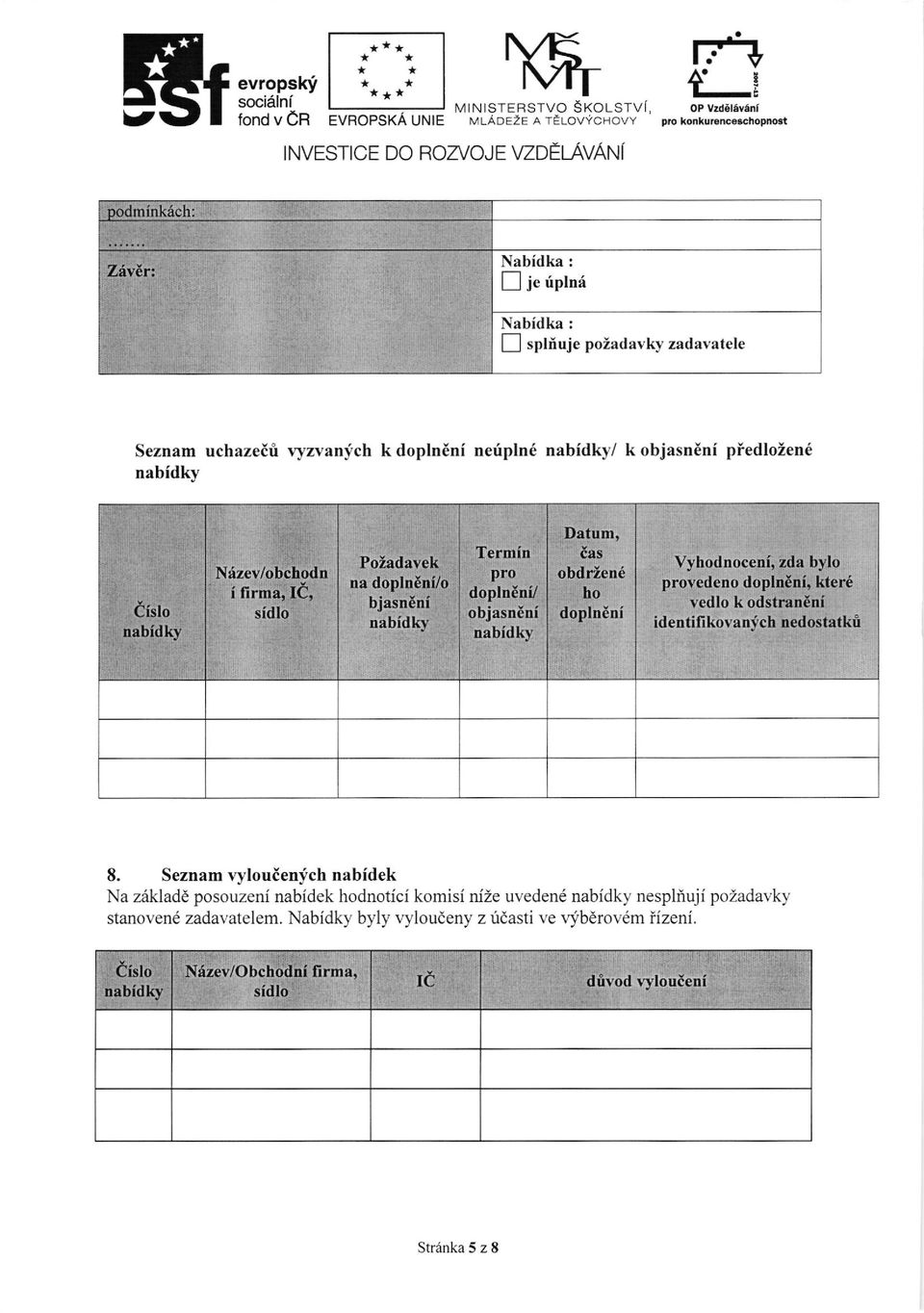 splnuje poiadavky zadavatele Seznam uchazeiri ryzvanfch kdopln6ni netpln6 nabidky/ k objasn6ni piedlozen6 nabidky Cislo nabidkv N:izevlobchodn i firma, d, sidlo Poladavck na doplnini/o bjasneni