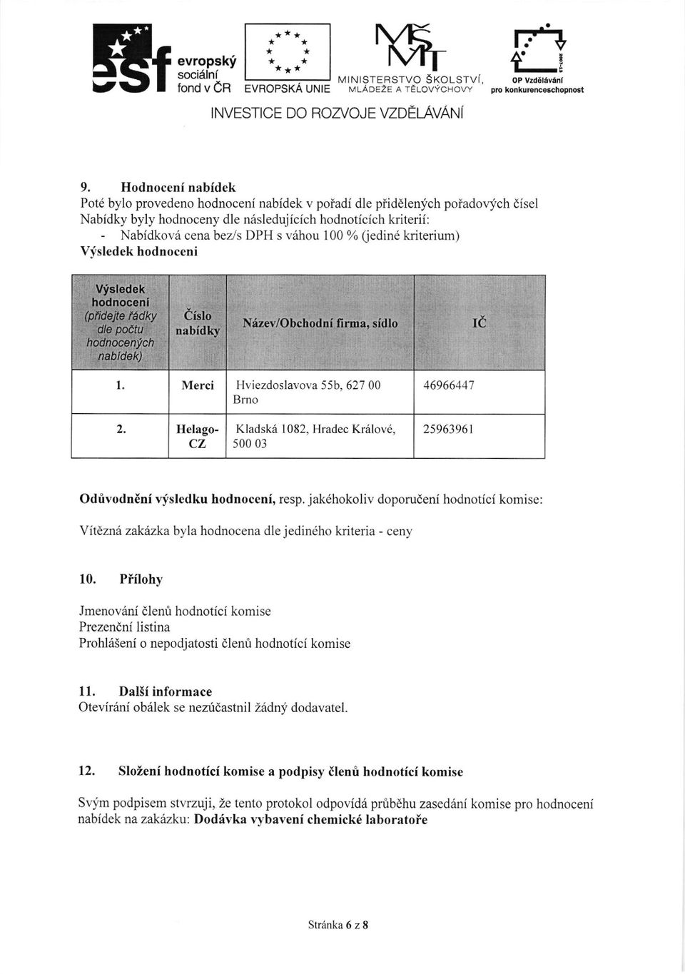 100 % (edin6 kriterium) Vysledek hodnoceni Vysledek hodnoceni (ptideje rudkt db poetu hodnocenrch nabldek) iislo nabidkv Ndzev/Obchodni firma, sidlo C Merci Hviezdoslavova 55b, 627 00 Brno, Helago-