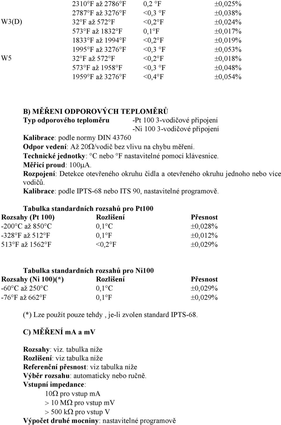 připojení Kalibrace: podle normy DIN 43760 Odpor vedení: Až 20Ω/vodič bez vlivu na chybu měření. Technické jednotky: C nebo F nastavitelné pomocí klávesnice. Měřicí proud: 100µA.