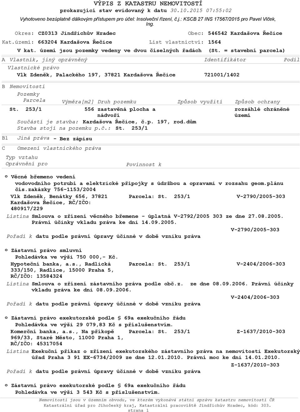 253/1 B1 C Vyhtven bezúplatně dálkvým přístupem pr účel: Inslveční řízení, č.j.: KSCB 27 INS 17567/2015 pr Pavel Vlček, Ing.